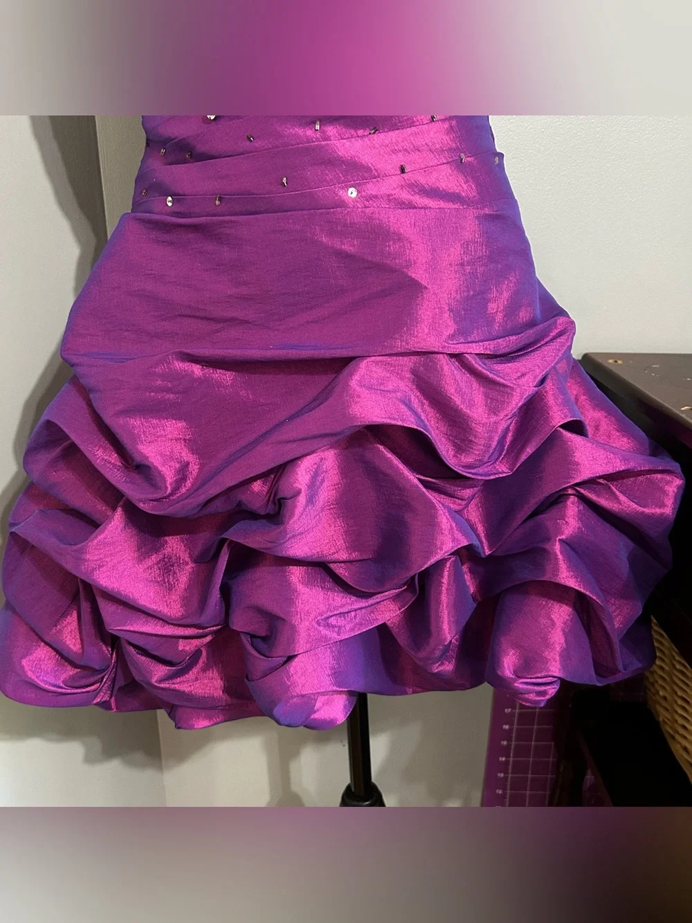Fiesta Plum Party Dress Small One Shoulder Ruffled Skirt mini Ruched Jeweled - Picture 3 of 9